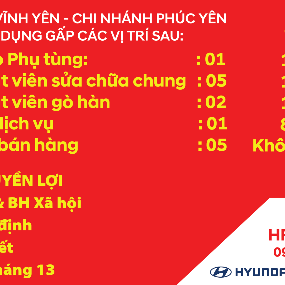 HYUNDAI PHÚC YÊN TUYỂN DỤNG THÁNG 01 - 2025