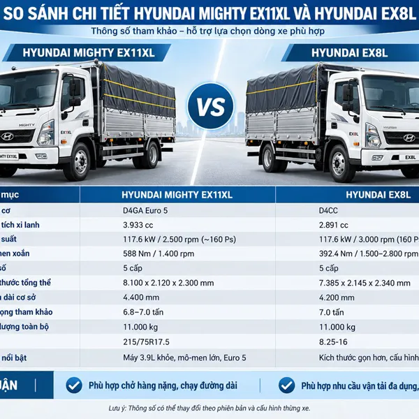 So sánh chi tiết Hyundai Mighty EX11XL và Hyundai Ex8L – Những nâng cấp đáng giá