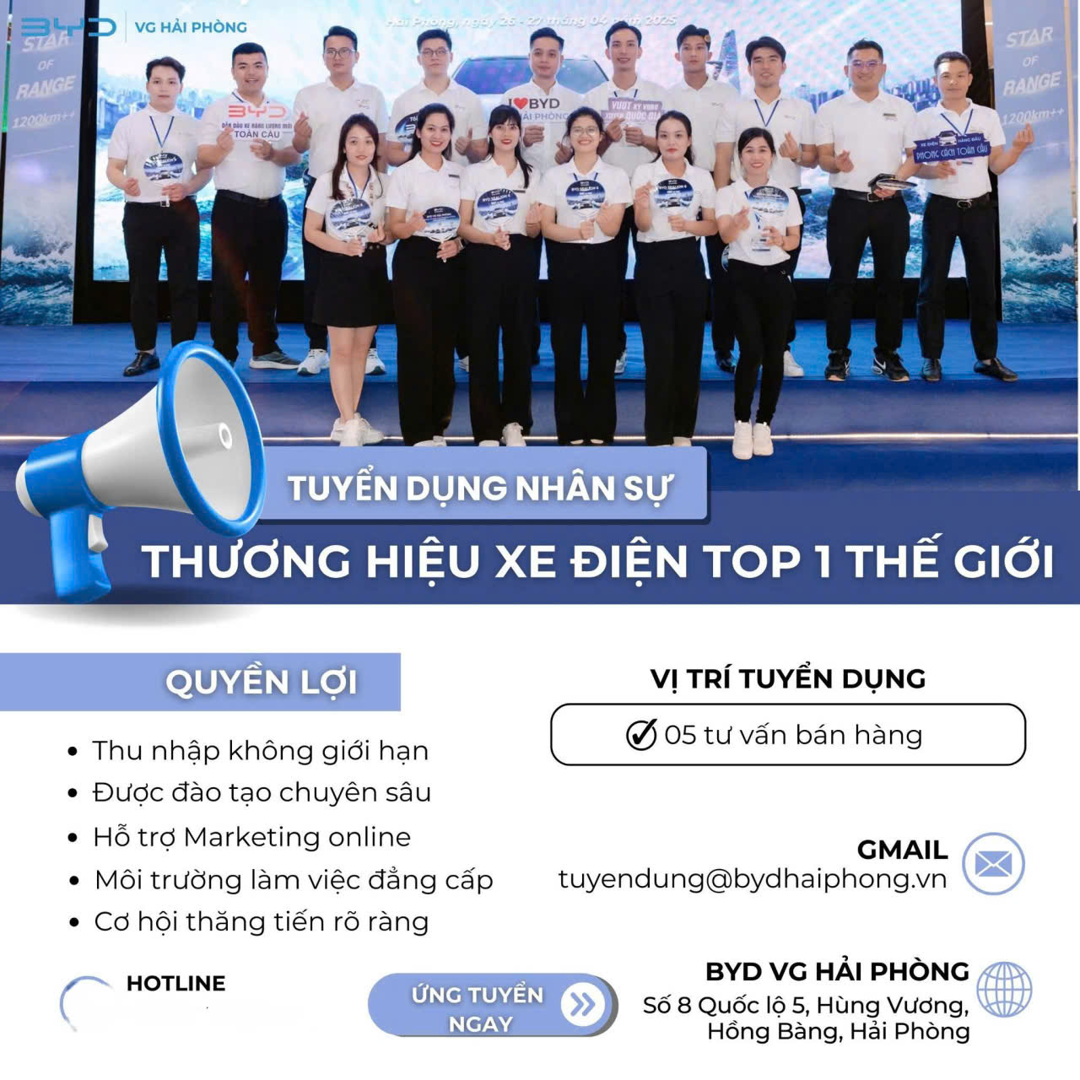 CƠ HỘI LÀM VIỆC CÙNG THƯƠNG HIỆU XE Ô TÔ ĐIỆN TOP 1 THẾ GIỚI – KHỞI ĐẦU SỰ NGHIỆP ĐỈNH CAO CÙNG BYD VG HẢI PHÒNG