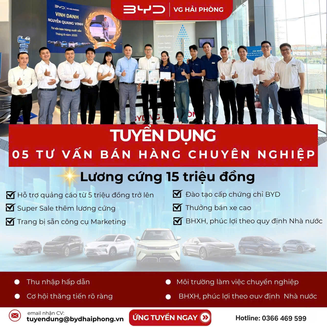 BYD VG HẢI PHÒNG TUYỂN DỤNG – 05 TƯ VẤN BÁN HÀNG CHUYÊN NGHIỆP