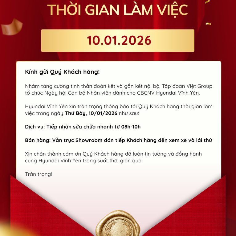 THÔNG BÁO THỜI GIAN LÀM VIỆC NGÀY 10/01/2026