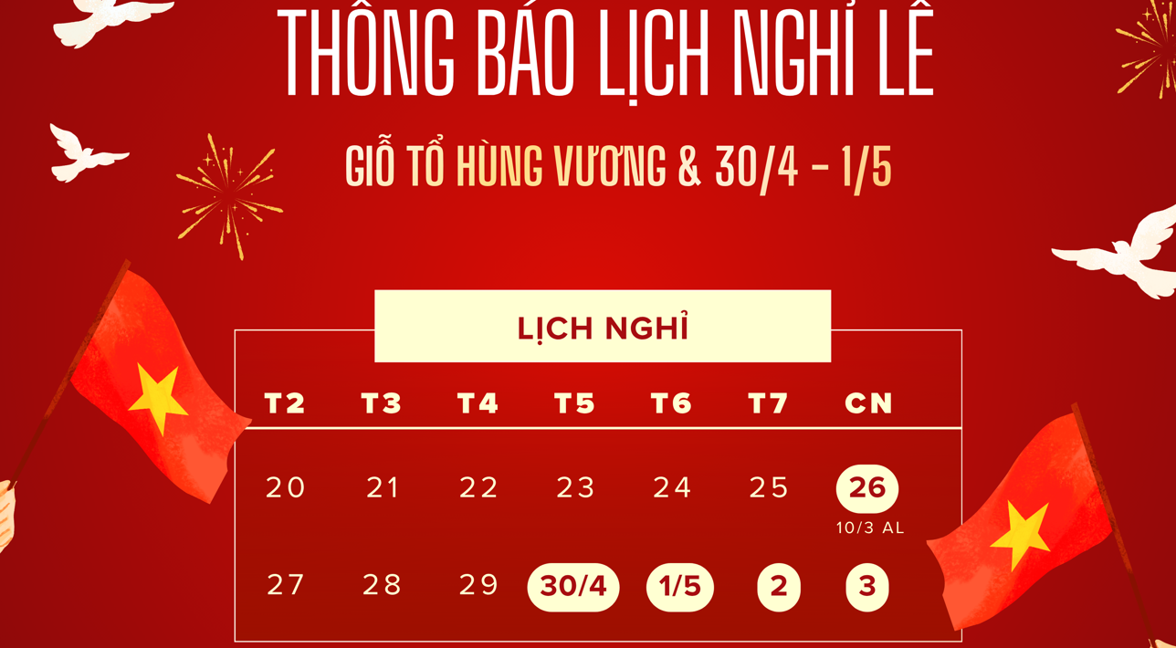 HYUNDAI VĨNH YÊN THÔNG BÁO LỊCH NGHỈ LỄ GIỖ TỔ HÙNG VƯƠNG (10/3 ÂL) VÀ GIẢI PHÓNG MIỀN NAM 30/4 - QUỐC TẾ LAO ĐỘNG 1/5