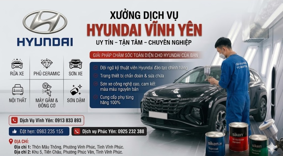 Xưởng Dịch Vụ Hyundai Vĩnh Yên cung cấp dịch vụ sửa chữa, bảo dưỡng và cung cấp phụ tùng chính hãng.