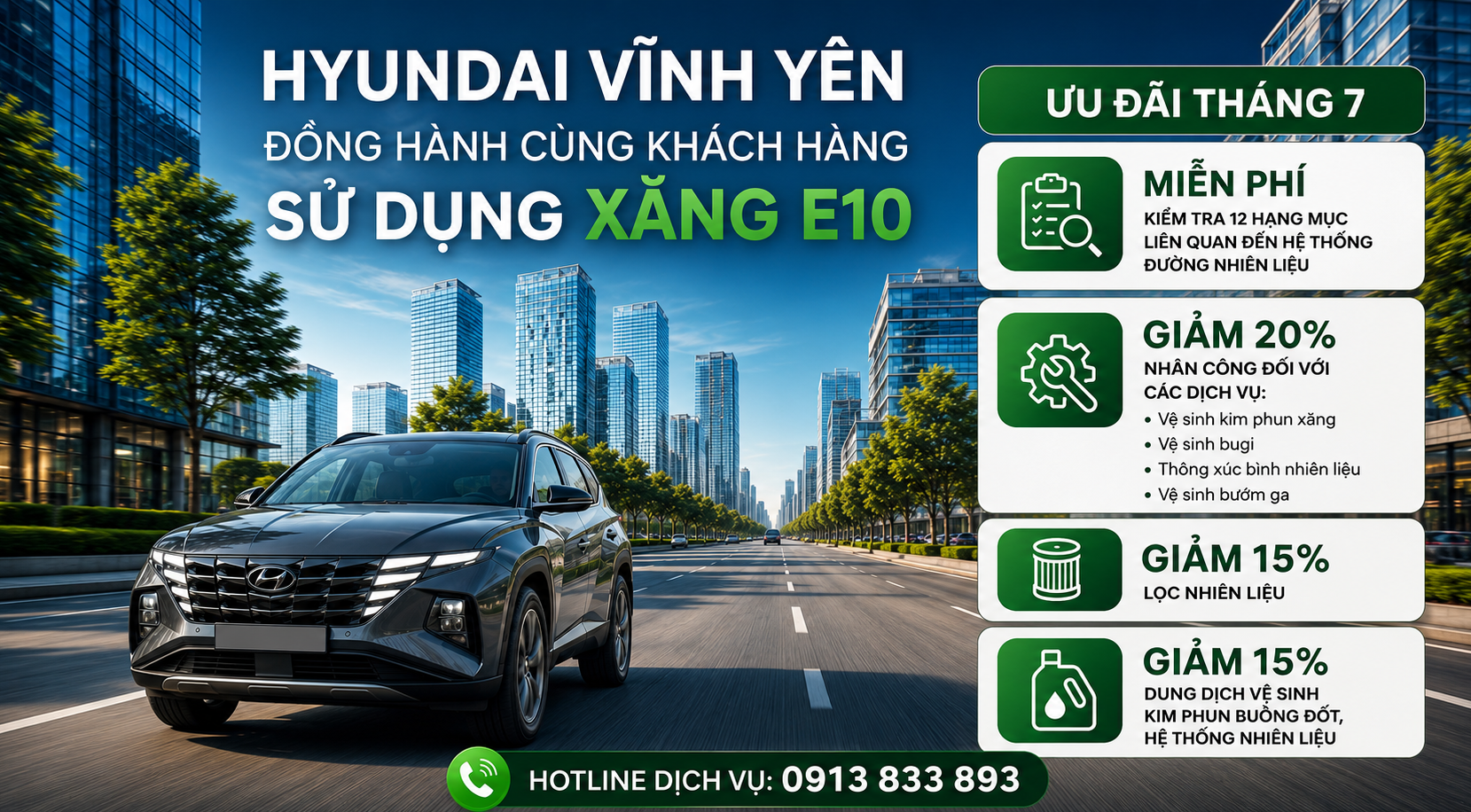 Hyundai Vĩnh Yên Đồng Hành Cùng Khách Hàng Sử Dụng Xăng E10 – Ưu Đãi Dịch Vụ Tháng 7 Hấp Dẫn