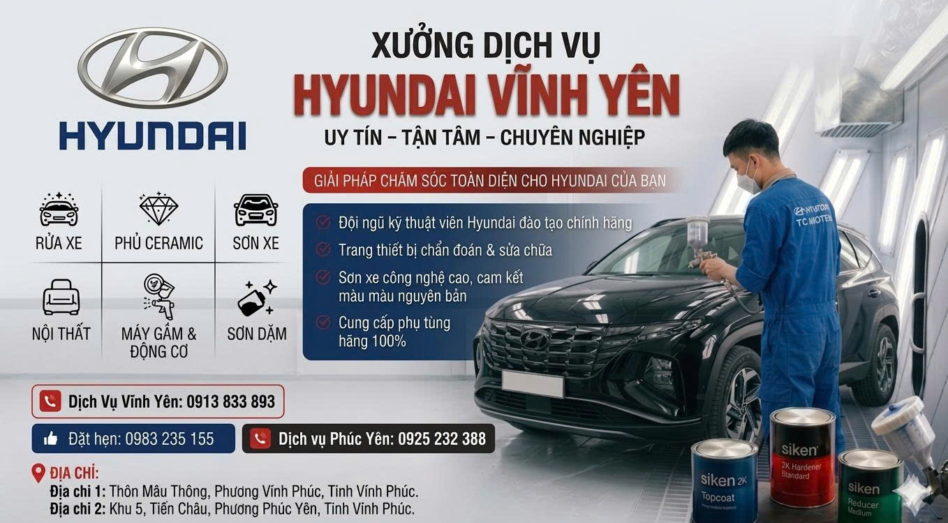 Xưởng Dịch Vụ Hyundai Vĩnh Yên cung cấp dịch vụ sửa chữa, bảo dưỡng và cung cấp phụ tùng chính hãng.