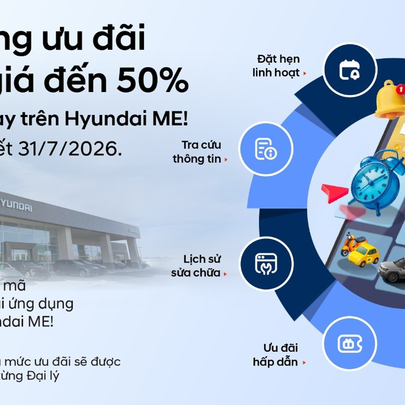 GIỜ VÀNG ƯU ĐÃI – GIẢM ĐẾN 50% KHI ĐẶT HẸN DỊCH VỤ QUA HYUNDAI ME!